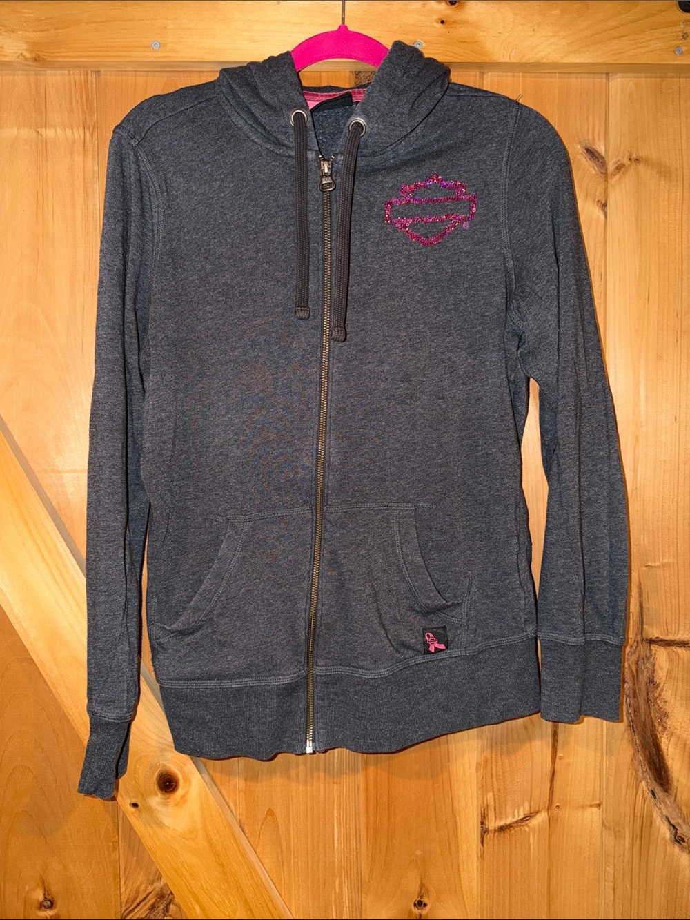 Harley-Davidson Dark Gray Zip-Up Hoodie with Pink Sequin Logo